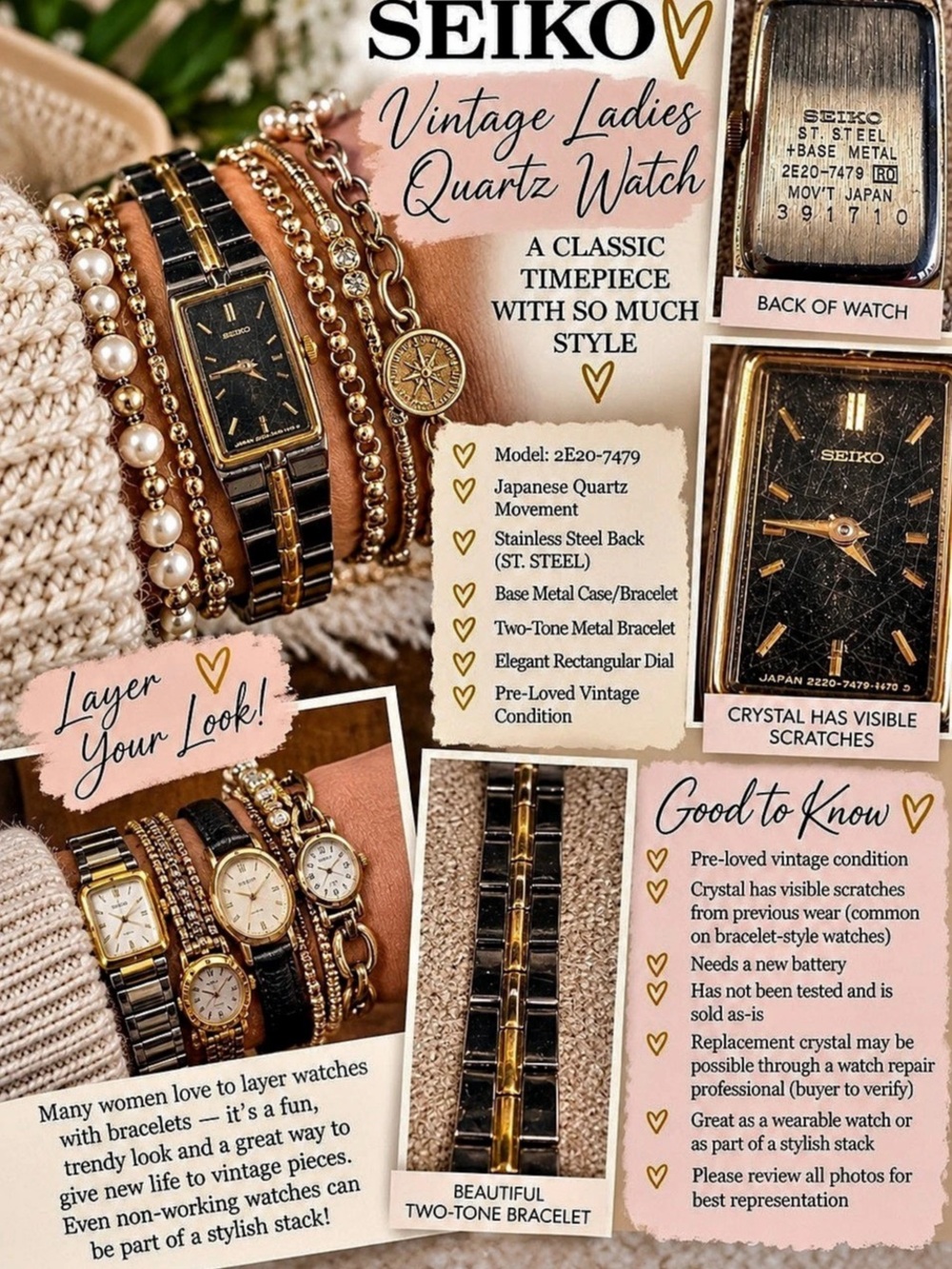 Seiko Vintage Ladies Quartz Watch 2E20-7479 Gold & Black